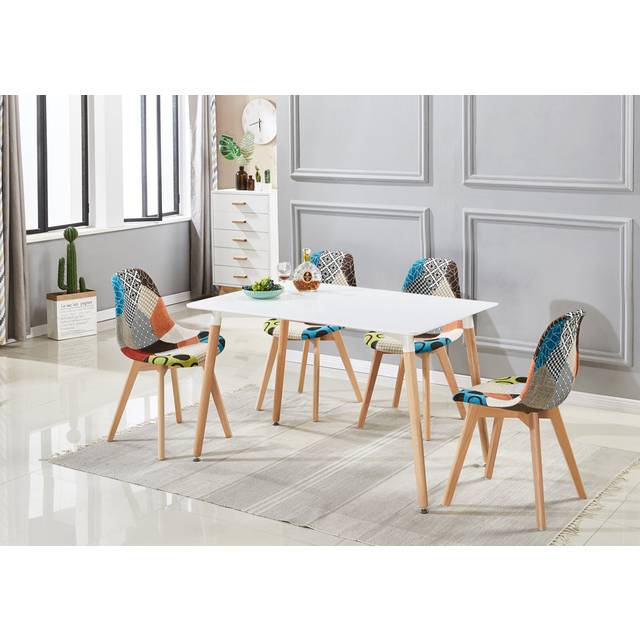 Sylas 4 Person Dining set - a Rectangular Plastic Dining Table with Wooden Legs and a Set of 4 Quilted Velvet Dining Chairs for Dining Room - Modern D - White (4)