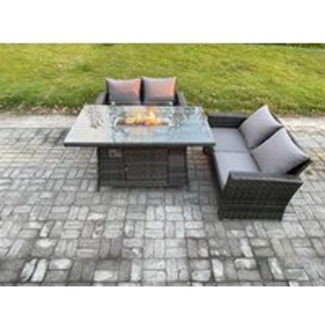 Fimous 3 Pieces Garden Furniture Sets Poly Rattan Outdoor Patio Gas Firepit Dining Table Sofa Set for Garden Backyard Dark Grey Mixed
