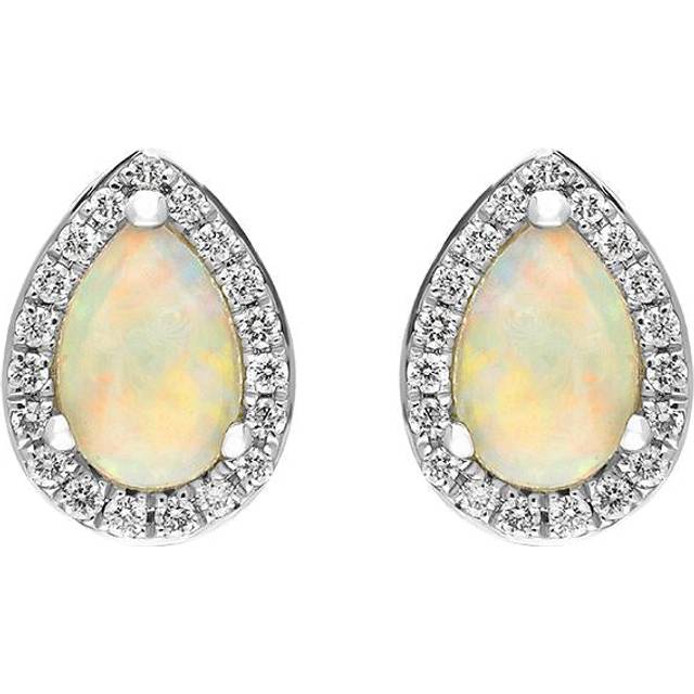 18ct White and Yellow Gold Opal Diamond Pear Cut Cluster Stud Earrings - Option1 Value White Gold
