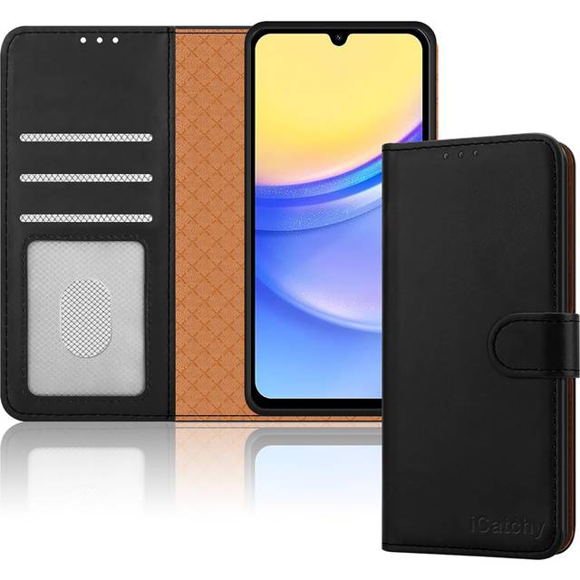iCatchy för Samsung A15 fodral – läderplånboksfodral, bok flip folio med stativ, magnetisk stängning, RFID-blockering, stöttåligt skydd för Galaxy A15 5G/A15 (svart)