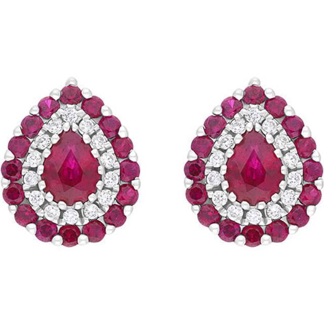 18ct White Gold Ruby Diamond Surround Teardrop Stud Earrings