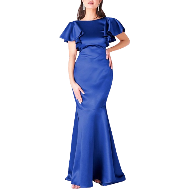Satin Flutter Sleeve Mermaid Maxi - Navy by Goddiva - 18