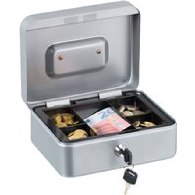 Relaxdays - Lockable cash box, removable insert, 5 compartments, iron cash box, HxWxD: 8.5 x 20 x 17 cm, silver