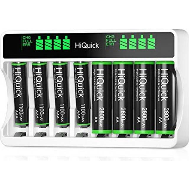 HiQuick 8-slot AA AAA LCD Battery Charger, 5V 2A Fast Charging Function, Type C and Micro USB Input, with 4 x 2800mAh AA and 4 x 1100mAh AAA NI-MH