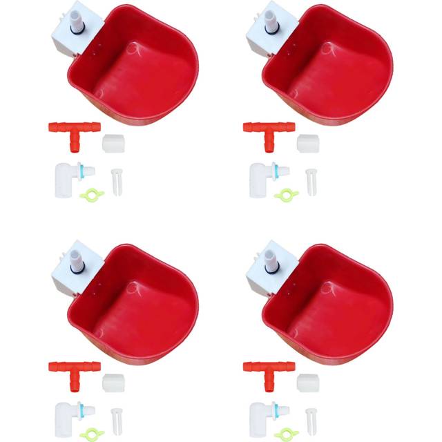 4 Set Automatic Poultry Fount Plastic Waterer Bowl with Hose Attachment for Game Bird Universal Red