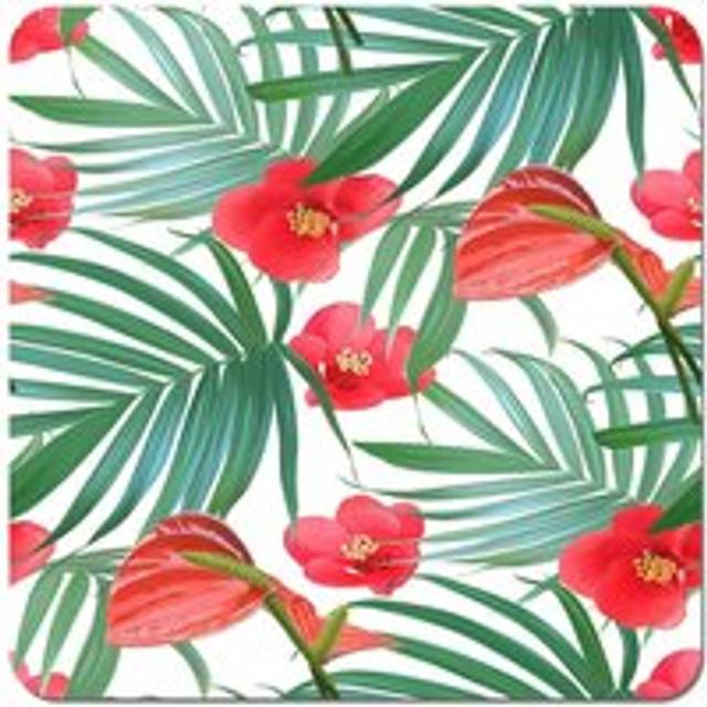 Tropical Flowers And Palm Leaves Hawaiian Coasters - Set of 4 - Green - One Size