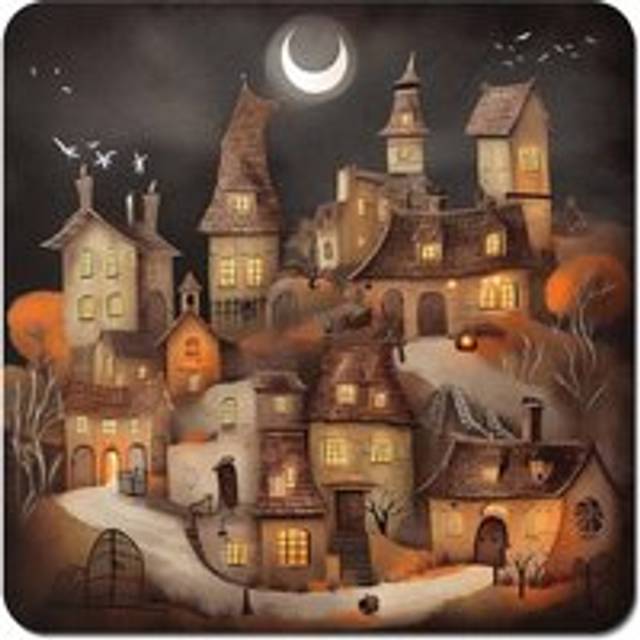 Spooky Halloween Village Coasters - Set of 4 - Orange - One Size