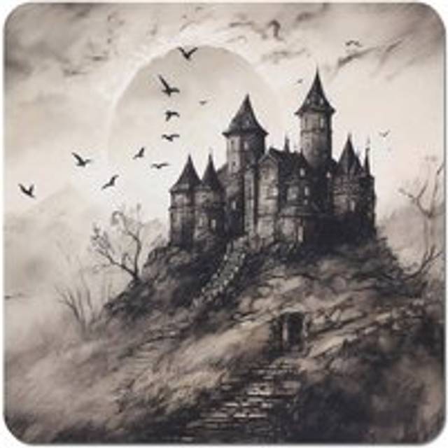 A Realistic Ink Drawing Of A Haunted Castle Coasters - Set of 4 - Grey - One Size