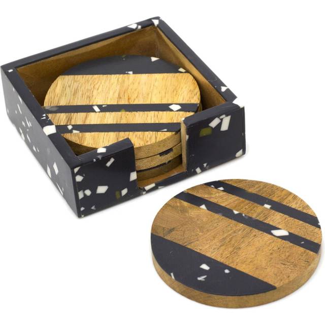 Set Of 4 Wooden Coasters With Holder | Square Cup Mug Table Mats | Drinks Coaster Set - Black