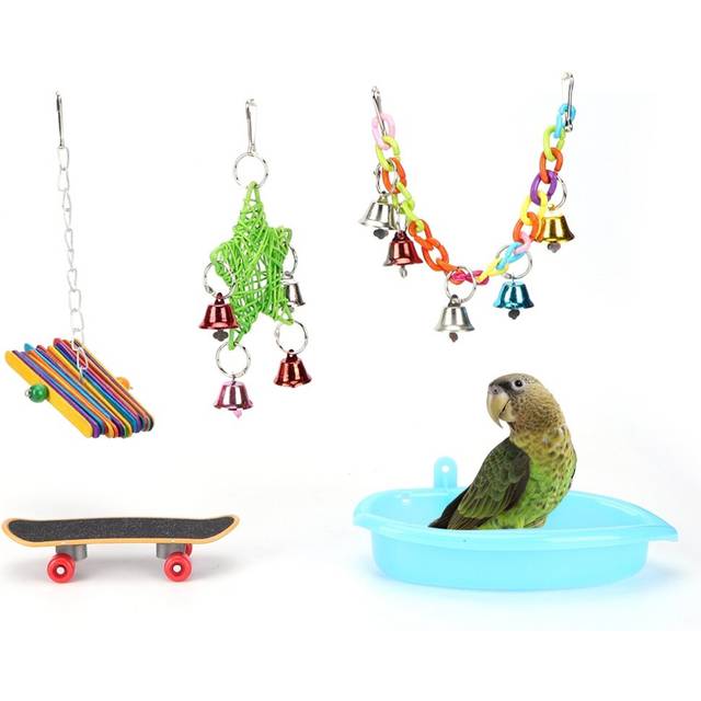 5PCS Bird Hanging Swing Bathtub Feeding Bowl Colorful Blocks Parrot Biting Chewing Toy Cage Accessory