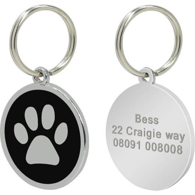 (Round Black) Custom Personalized Dog Tags Round Bone Paw Print Disc Free Engraved Cat ID Tag