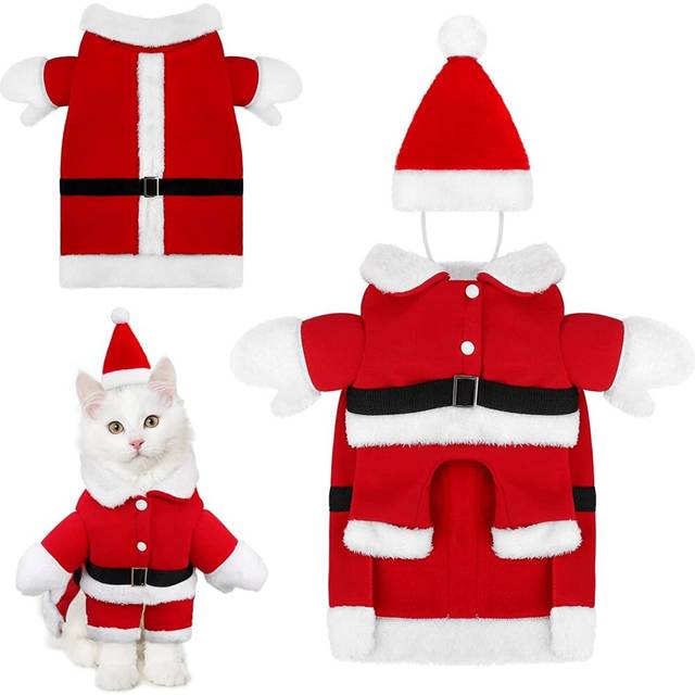Pet Christmas Santa Claus Suit Costume Dog Cat Xmas Hat Clothes Puppy Jumpsuit Winter Apparel with Christmas Hat for Christmas New Year Holiday, Small