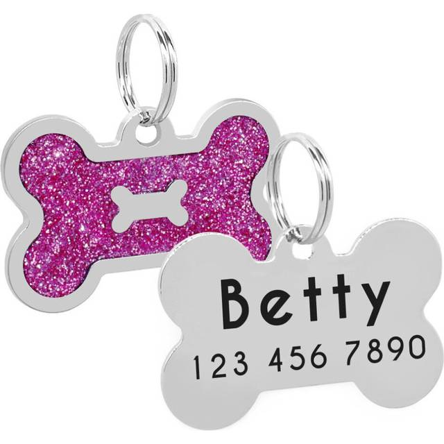 (Purple) Glitter Bone Shape Personalized Dog Tags Engraved Pet ID Name Collar Tag Charm