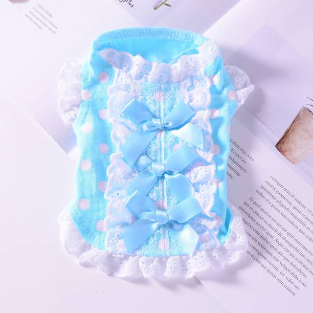 (Blue, XXS) Teacup Yorkie Dress Dog Skirt Bow Puppy Princess Clothes For SMALL Dog XXXS XXS
