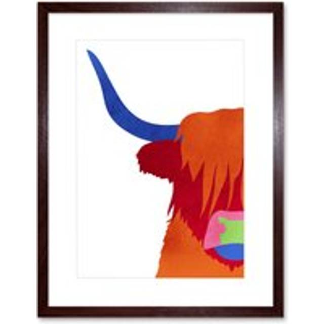 Wall Art Print Bright Highland Scottish Cow Bull Coo Colourful Framed Art - Brown - W7 inch x H9 inch