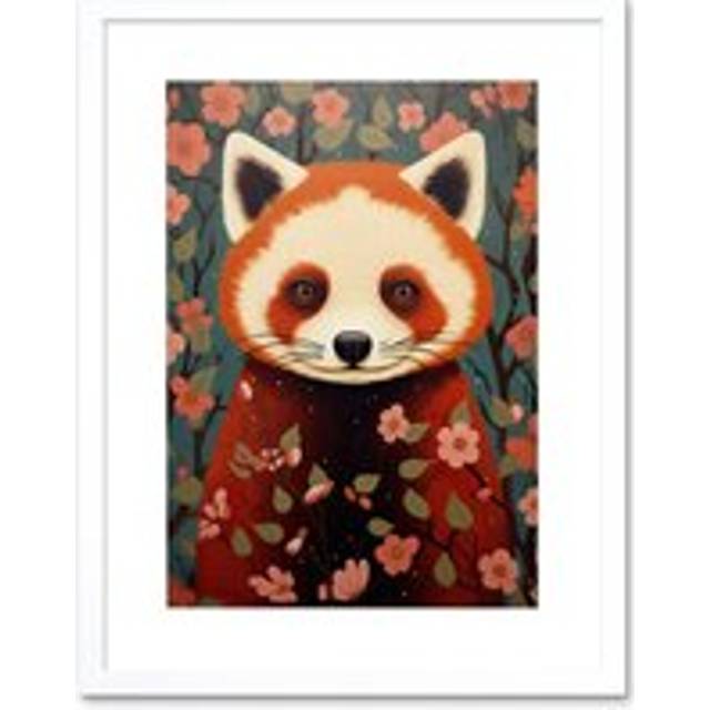 Wall Art Print Red Panda Cute Tree Blossom Kids Bedroom Artwork Framed 9X7 Inch - White - W7 inch x H9 inch