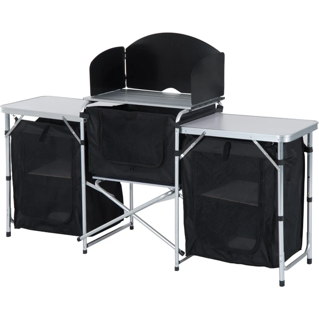 Outsunny Portable Folding Camping Kitchen Table with Windscreen, Storage Cupboards, Aluminium Frame for BBQs, Parties, Picnics Aosom UK