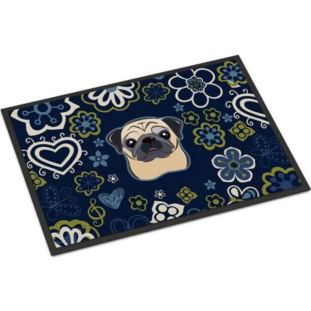 24 x 36 in. Blue Flowers Fawn Pug Indoor or Outdoor Mat