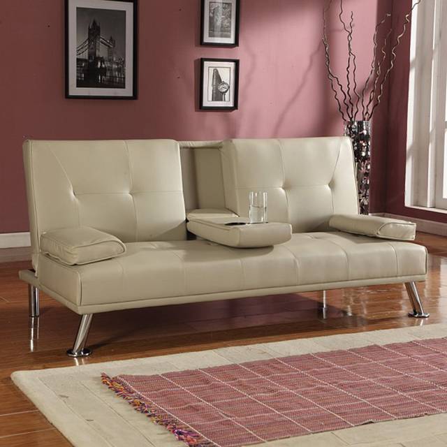 Brooklyn 2 Seater Cream Faux Leather Italian Sofa Bed with Cup Holder