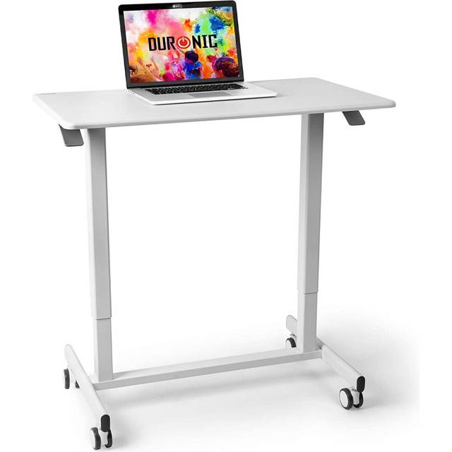 Duronic TM03T Sit-Stand Desk WHITE, Ergonomic Home Office Table on Wheels, 88x50cm Platform, Portable, Adjustable Height 73-107cm, 15kg Capacity
