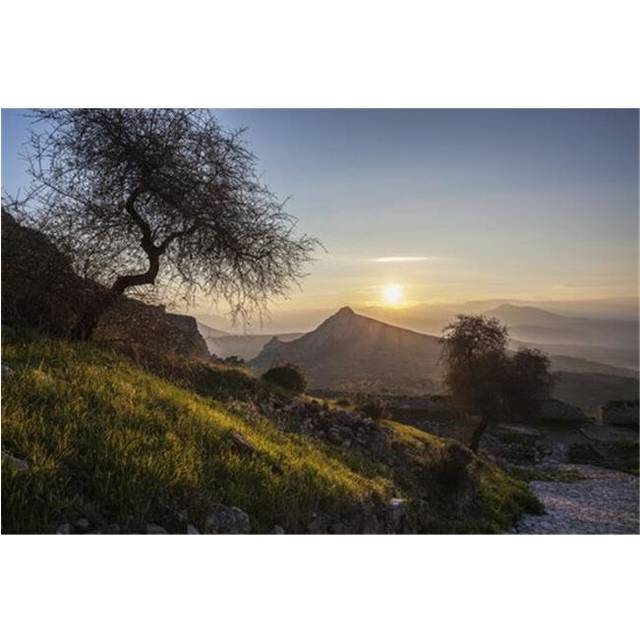 Sun Setting Over The Peaks of Mountains - Corinth Greece Poster Print by Reynold Mainse, 38 x 24 - Large