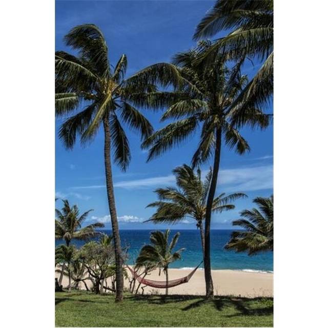 A Hammock Hangs Between Two Palm Trees On The Beach with Blue Sky & Ocean Poster Print by Scott Mead, 24 x 38 - Large