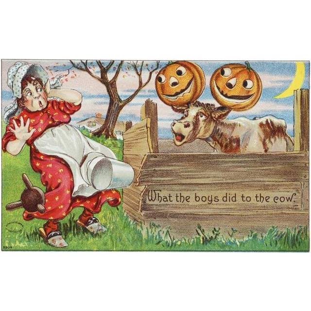 Vintage Halloween Greeting Card with Cow with Jack-O-Lanterns on Horns From 20th Century Poster Print - 38 x 24 in. - Large