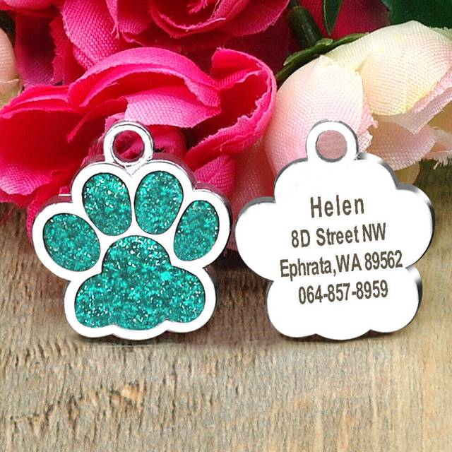 (Paw Light Blue) Bling Glitter Paw Round Personalized Dog ID Tags Disc Engraved Puppy Pet Dog Tag
