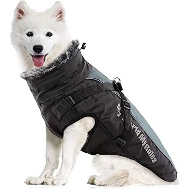Waterproof Dog Winter Coat,Warm Pet Coats with Harness,Warm Fleece Lining Dog Jacket for Winter Cold Weather,Adjustable Reflective Dog Apparel Clothes