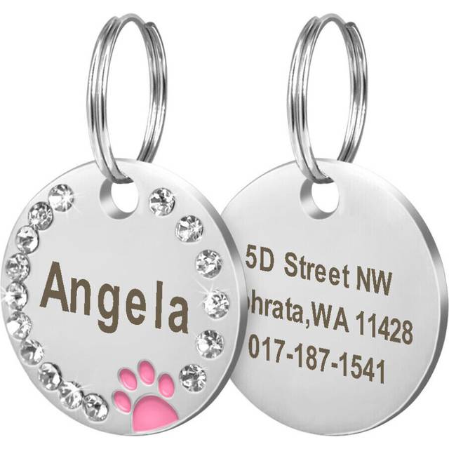 (Pink) Bling Glitter Paw Round Personalized Dog ID Tags Disc Engraved Puppy Pet Dog Tag