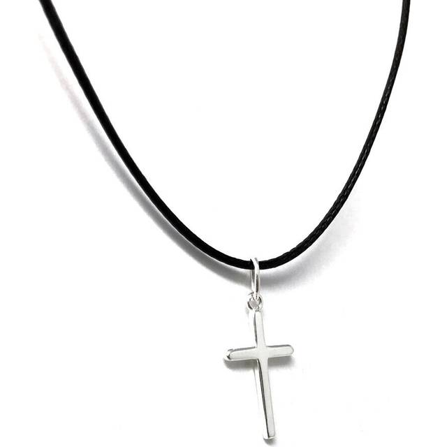 Ladies Sterling Silver Small Cross On Leatherette Cord Necklace
