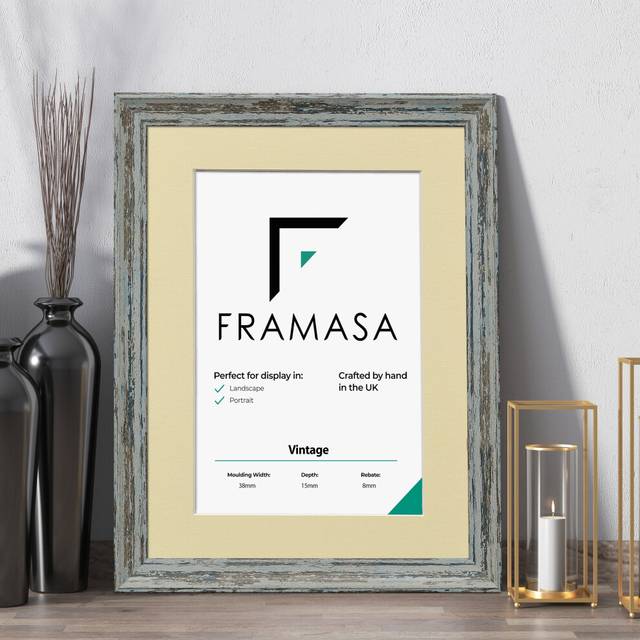 (Blue Frame Ivory Mount, 60x80CM Pic (70x90CM Frame)) Vintage Distressed Blue Photo Frames Shabby Wood Effect Picture Frames With Multicolored Mounts