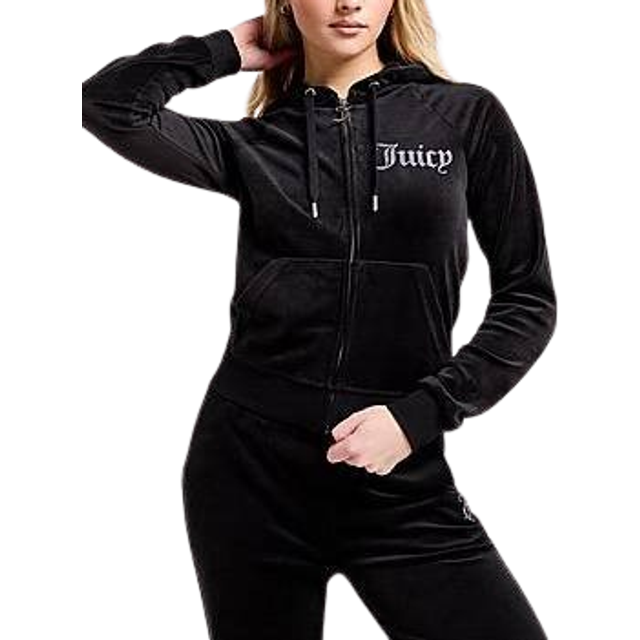 JUICY COUTURE Diamante Logo Velour Full Zip Hoodie - Black - Womens - XS
