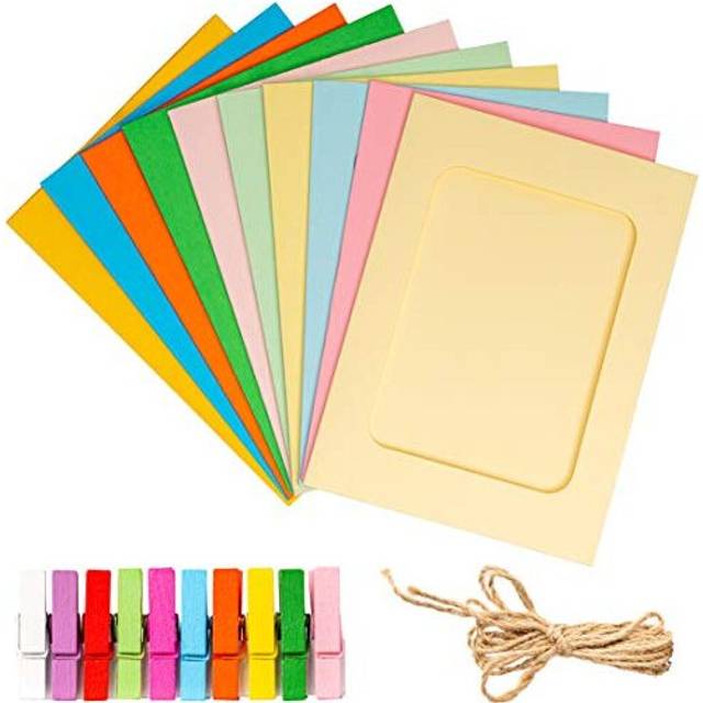 Hanging Paper Photo Frame Set Includes 10 Multiple Coloured Card Picture Frames for 6x4 10x15 cm Photos with Wooden Clips String Easy to use DYI Room