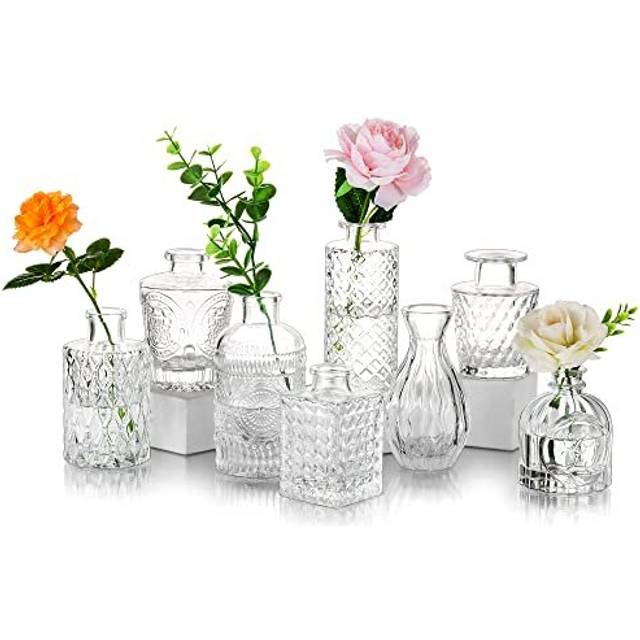 Small Glass Table Centrepieces Flowers Vaseï¼Glasseam 8Pcs Vintage Mini Bud Sweet Pea Vases Set Cut Crystal Clear Narrow Neck Bottles for Roses