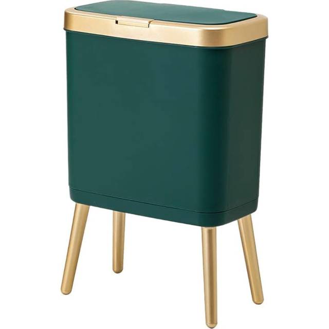 Small Bathroom Garbage Can with Lid, Plastic Trash Can with Push Button,Narrow Waste Basket for Bedroom,Living Room, Toilet,Office,4 Gal-Gold Edge