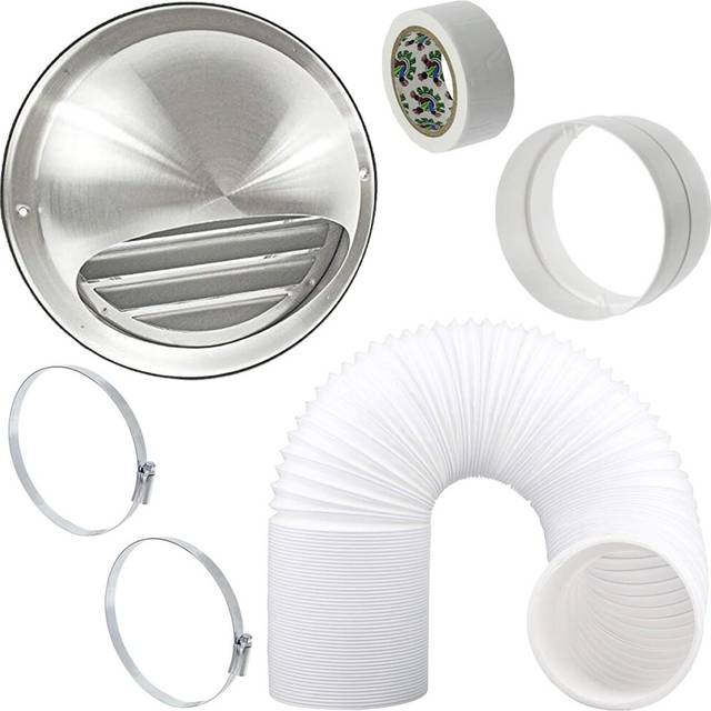 "UNIVERSAL Bull Nose Wall Outlet Kit & Extension Hose for Vented Tumble Dryer Air Conditioning Cooker Hood (5"" x 3m, Stainless Steel)"