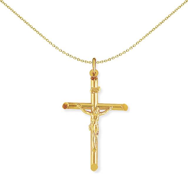 Jewelco London 9ct Yellow Gold Crucifix INRI Jesus Cross Charm Pendant - 28x50mm - CRNR02003