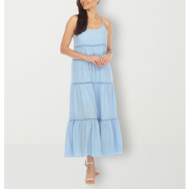 White Mark 3776-05-XL Light Blue Womens Scoop Neck Tiered Maxi Dress - Extra Large