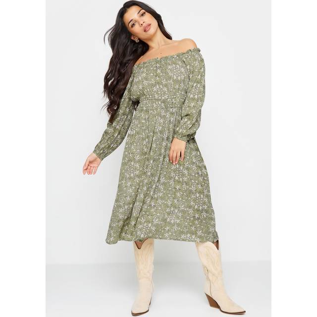 Pixiegirl Sage Green Ditsy Floral Print Bardot Midi Dress 18 Pixiegirl | Petite Women's Midi Dresses
