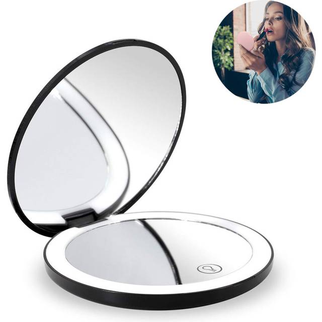 Compact Rechargeable Lighted Makeup Mirror For Travel,Illuminated Double Side Folding Mirror,Black