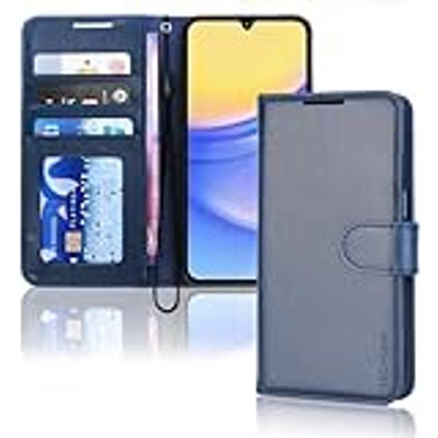 [Leather Wallet Case] Protective Cover with Cash & Card Holder, Stand and Wrist Strap For Samsung Galaxy A15 5g