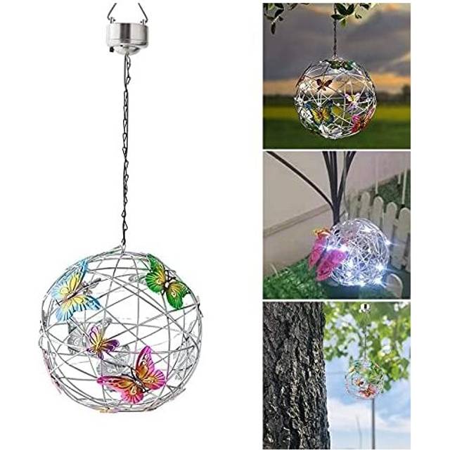 Solar Hanging Lights Lanterns Garden Decorative LED Globe Lights with Butterfly Waterproof for Walkway Patio Yard Lawn Decoration