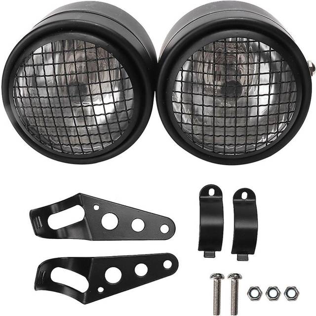 Universal Motorcycle 8.5in Iron Front Double Twin Round Headlight Lampblack Grille+white