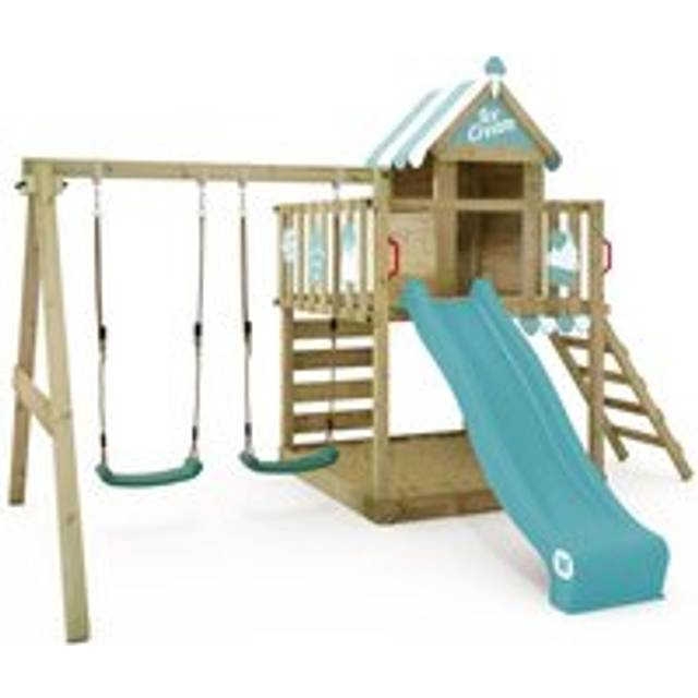 Wickey Wooden climbing frame Smart Candy with swing set and purple slide, Playhouse on stilts for kids with sandpit, climbing ladder &