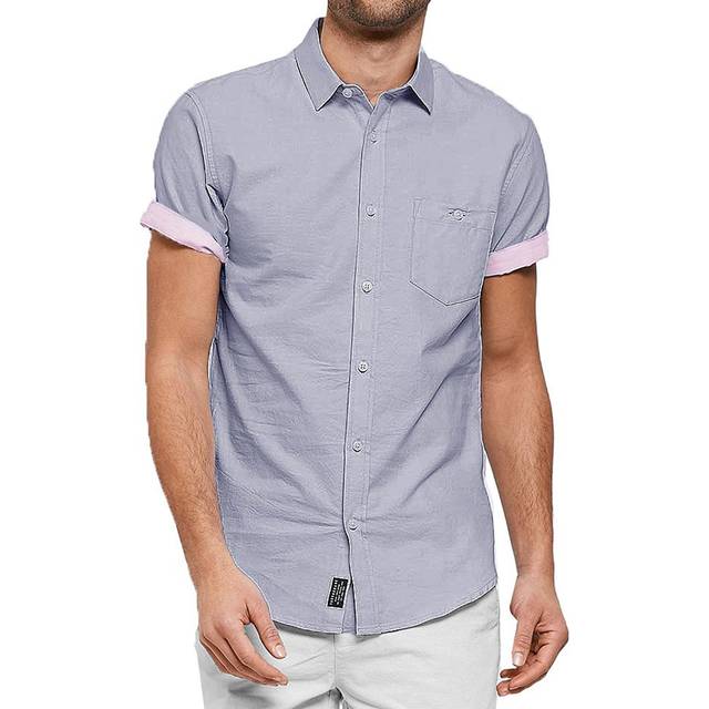 Threadbare Chester Short Sleeve Plain Pattern Shirt Denim Blue