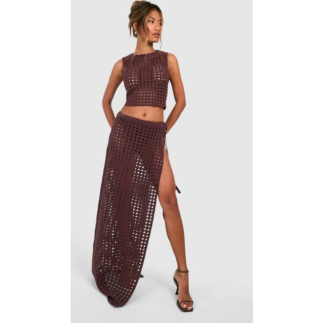 Womens Thigh Split Crochet Maxi Skirt - Brown - Xl, Brown