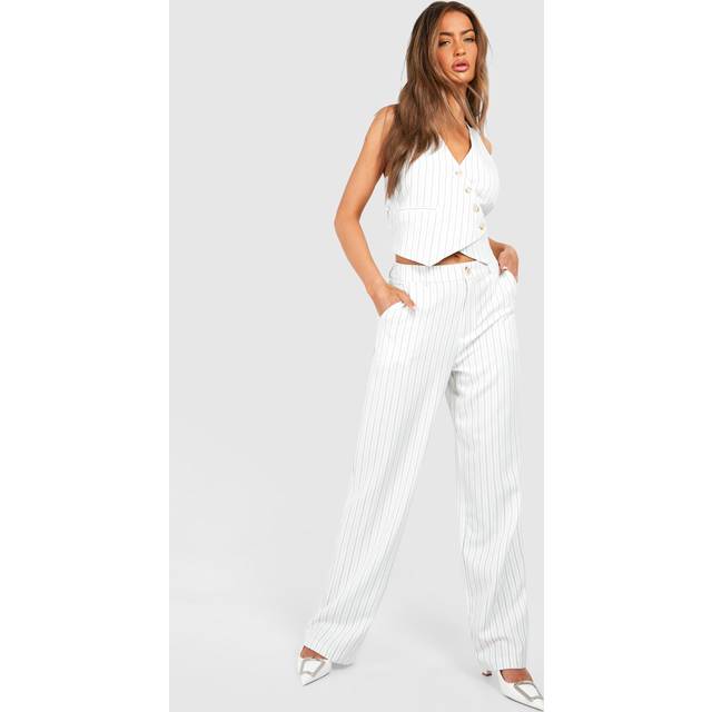 Womens Linen Look Pinstripe Wide Leg Trousers - White - 14, White