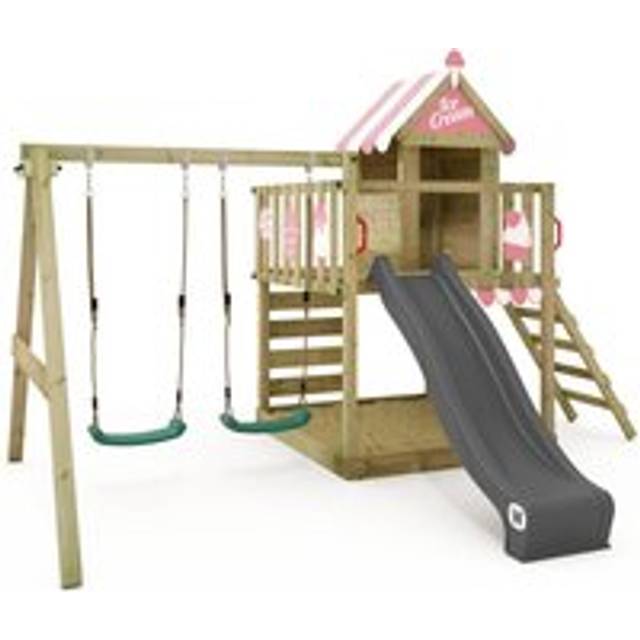 Wooden climbing frame Smart Candy with swing set and purple slide, Playhouse on stilts for kids with sandpit, climbing ladder & play-accessories