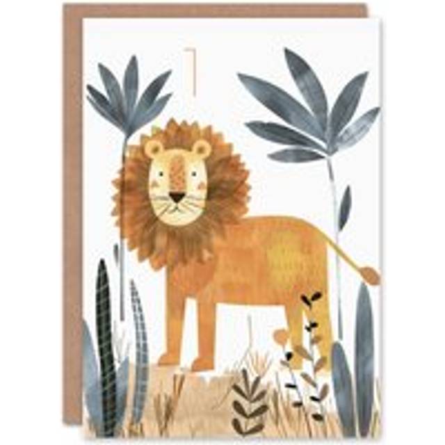 1st Birthday Card Cute Jungle Lion Fun Drawing Kids Age 1 Year Old Child